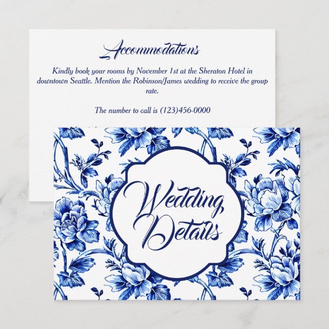 Elegant Blue & White Floral Wedding Enclosure Card (Front/Back)