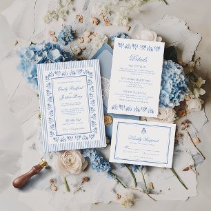 Elegant Blue & White Floral Wedding Invitation