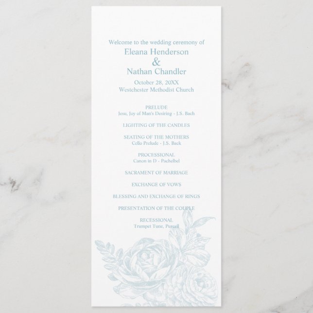 Elegant Blue White Floral Wedding Program Programme (Front)