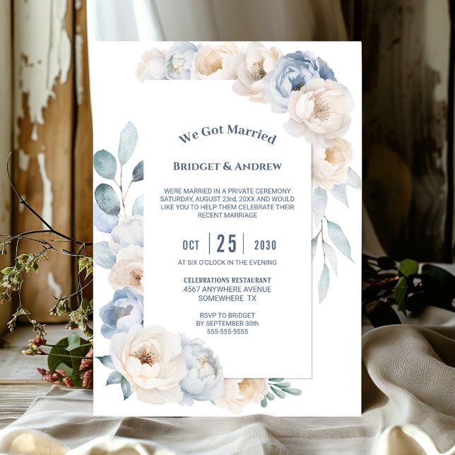 Elegant Blue White Floral Wedding Reception Invitation (Creator Uploaded)