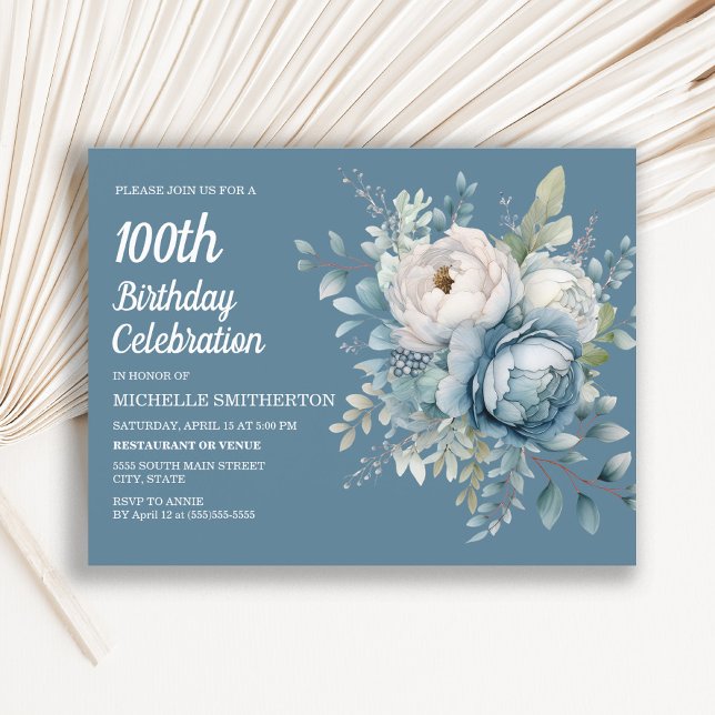 Elegant Blue White Floral Women's 100th Birthday Invitation Postcard (Elegant blue and white floral on blue 100th birthday party invitation)