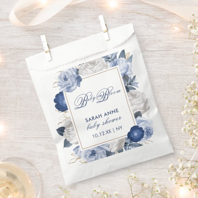 Elegant Blue & White Flower Baby Shower Favour Bags (Clipped)