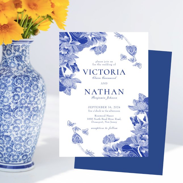 Elegant Blue White Flower Chinoiserie Chic Wedding Invitation (Creator Uploaded)