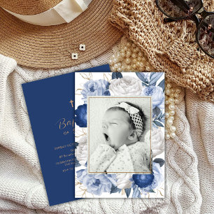 Elegant Blue & White Flower Photo Cross Baptism Invitation