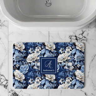 Elegant Blue White Flowers Personalised Bath Mat