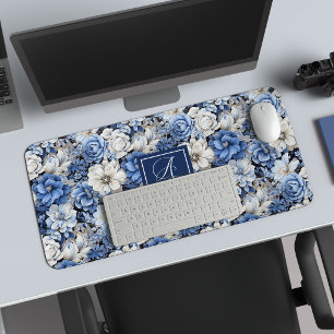 Elegant Blue White Flowers Personalised Desk Mat