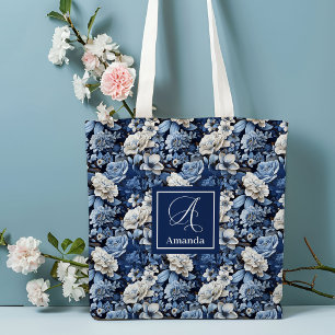 Elegant Blue White Flowers Personalised Tote Bag