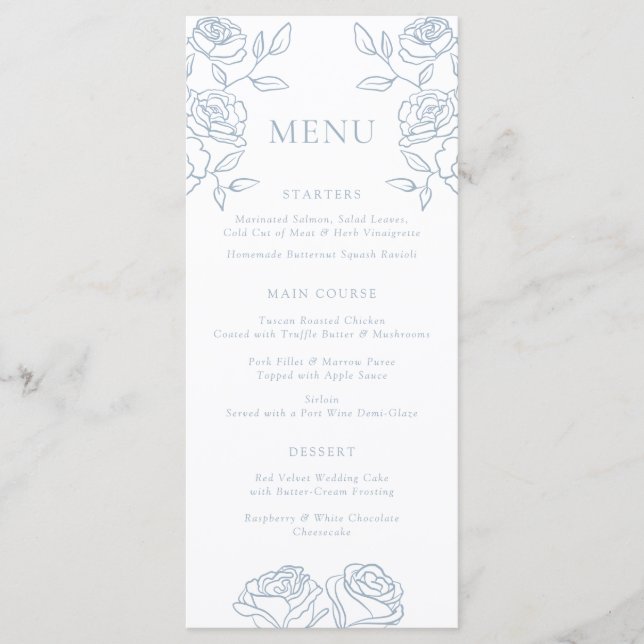 Elegant Blue & White French Roses Wedding Menu (Front)