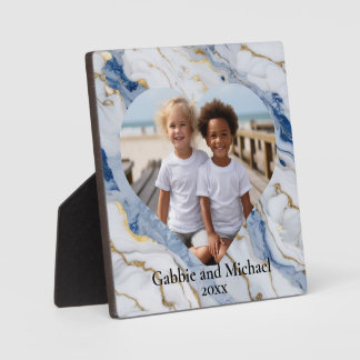 Elegant blue white gold marble photo template plaque