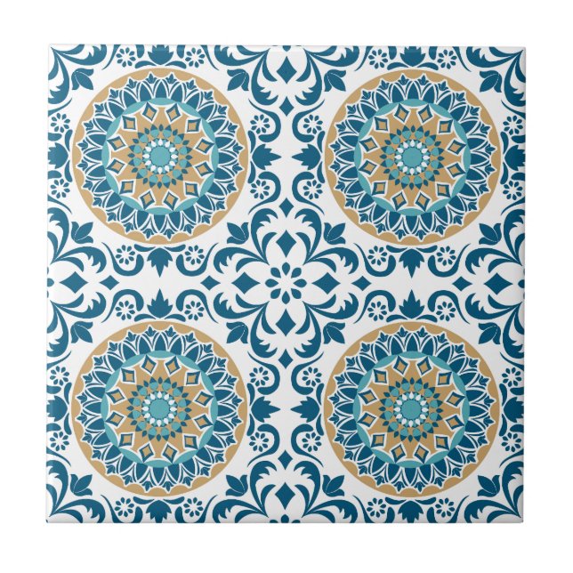 Elegant Blue White Gold Mediterranean Ornate  Tile (Front)