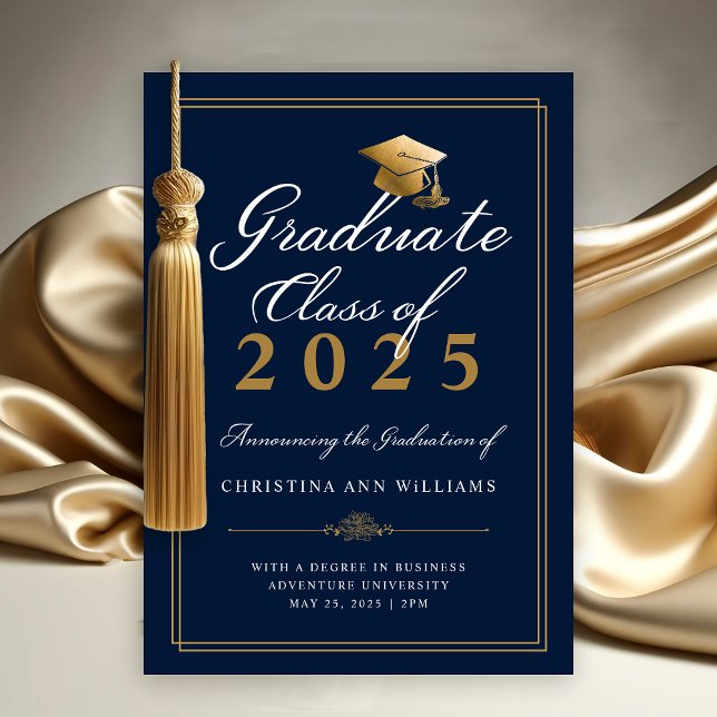Elegant Blue White Gold Script College Graduation Announcement (Elegant Navy Blue Gold Script College Class of 2025 Graduation Announcement)