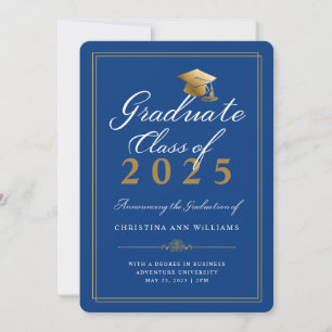 Elegant Blue White Gold Script College Graduation Announcement