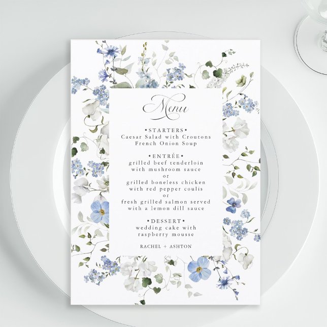 Elegant Blue White Green Floral Wedding Menu (Creator Uploaded)