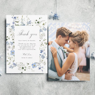 Elegant Blue White Green Floral Wedding Photo Thank You Card