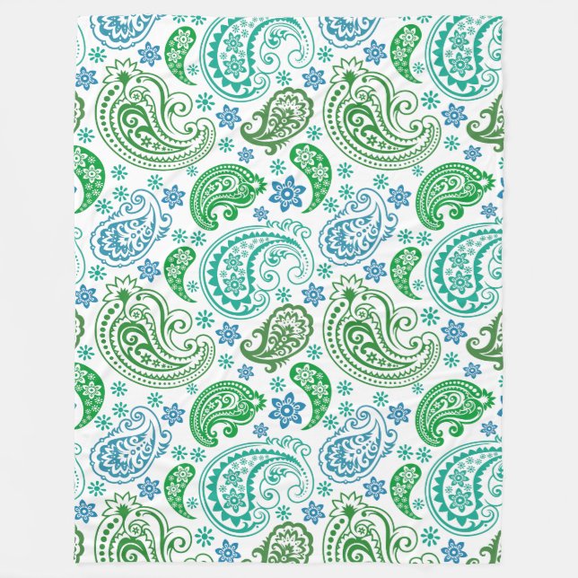 Elegant Blue White & Green Vintage Paisley Fleece Blanket (Front)