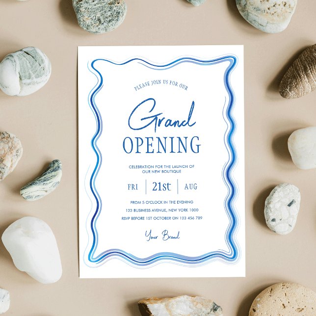 Elegant Blue & White Hand Drawn Logo Grand Opening Invitation (Elegant business grand opening event invitation design with blue watercolor frame and modern fonts)