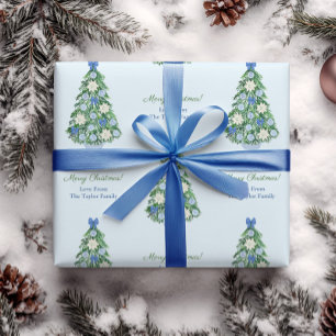 Elegant Blue & White Holidays Tree Merry Christmas Wrapping Paper