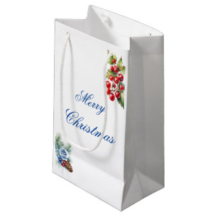Elegant Blue White Holly Berries Merry Christmas Small Gift Bag