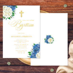 Elegant Blue White Hydrangeas Gold Cross Baptism Invitation
