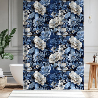 Elegant Blue White Ivory Floral Bathroom Shower  Curtain