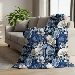 Elegant Blue White Ivory Floral Luxury Throw