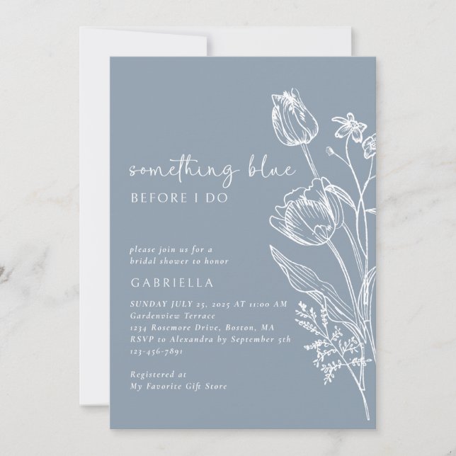 Elegant Blue White Line Art Floral Bridal Shower Invitation (Front)