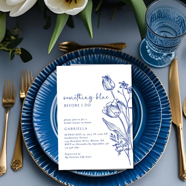 Elegant Blue White Line Art Floral Bridal Shower Invitation (Creator Uploaded)