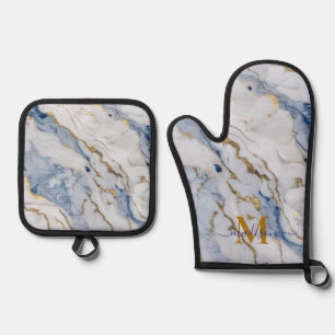 Elegant blue white maize gold marble granite oven mitt & pot holder set