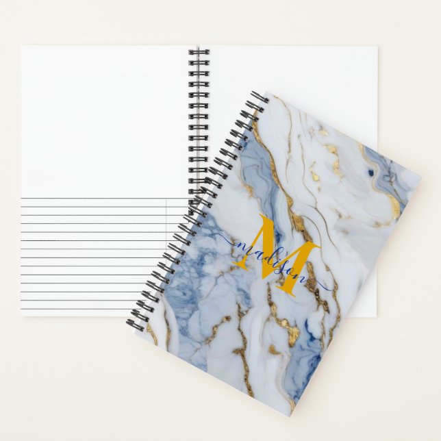 Elegant blue white maize gold marble personalise notebook (Inside)