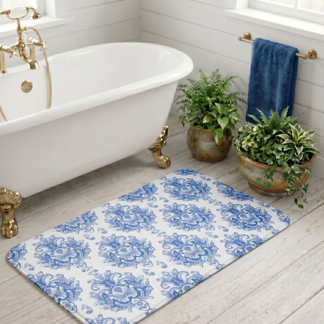 Elegant Blue White Mediterranean Damask Pattern Bath Mat (Creator Uploaded)