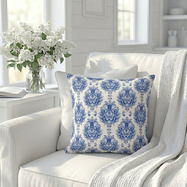 Elegant Blue White Mediterranean Damask Pattern Cushion (Creator Uploaded)