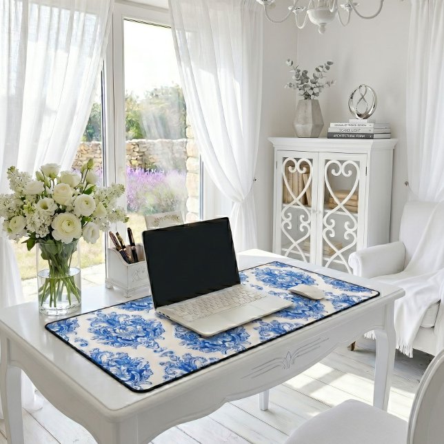 Elegant Blue White Mediterranean Damask Pattern Desk Mat (Creator Uploaded)