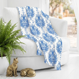 Elegant Blue White Mediterranean Damask Pattern Fleece Blanket