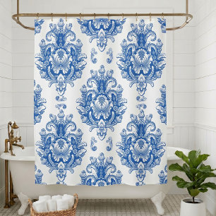 Elegant Blue White Mediterranean Damask Pattern Shower Curtain