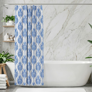 Elegant Blue White Mediterranean Damask Pattern Shower Curtain
