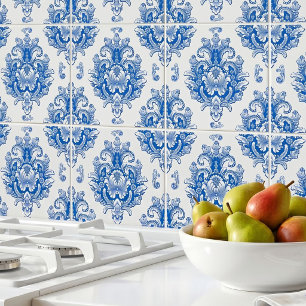 Elegant Blue White Mediterranean Damask Pattern Tile