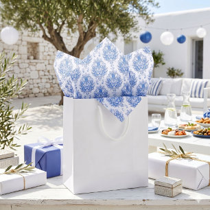 Elegant Blue White Mediterranean Damask Pattern Tissue Paper
