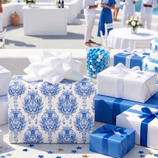 Elegant Blue White Mediterranean Damask Pattern Wrapping Paper (Creator Uploaded)