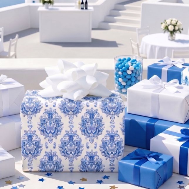 Elegant Blue White Mediterranean Damask Pattern Wrapping Paper (Creator Uploaded)