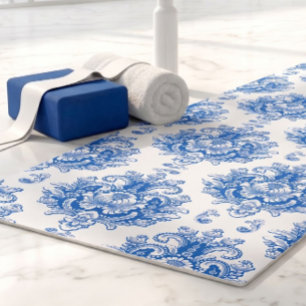 Elegant Blue White Mediterranean Damask Pattern Yoga Mat