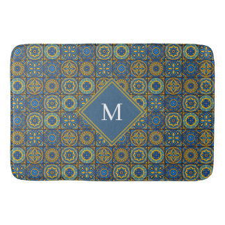 Elegant blue& white Moroccan custom monogram Bath Mat