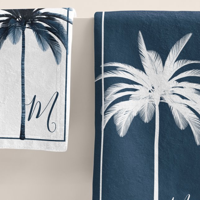 Elegant Blue & White Palm Tree Monogram Bath Towe Bath Towel Set (Creator Uploaded)