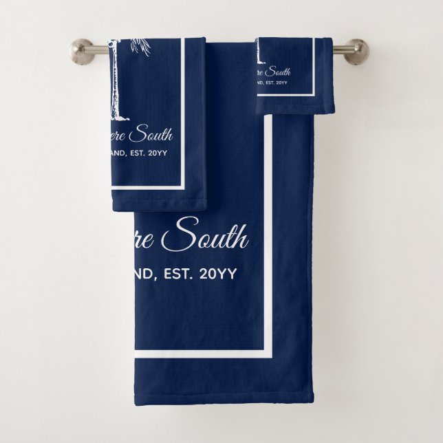 Elegant Blue White Palm Tree Personalised Bath Towel Set (Insitu)