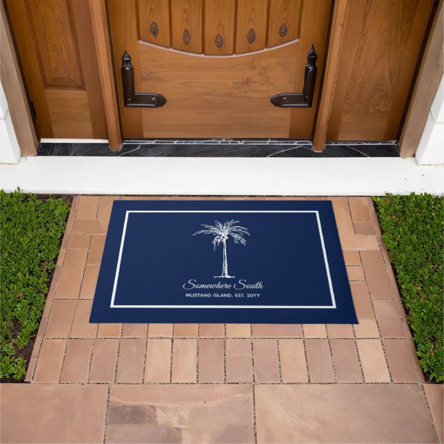 Elegant Blue White Palm Tree Personalised Doormat (Outdoor)