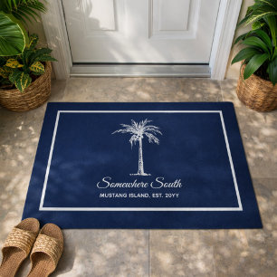 Elegant Blue White Palm Tree Personalised Doormat
