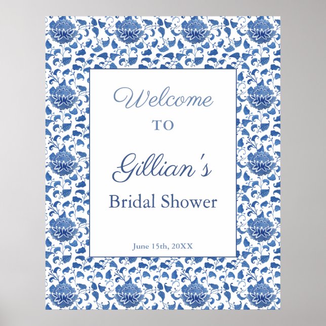Elegant Blue White Pattern Bridal Shower Welcome Poster (Front)