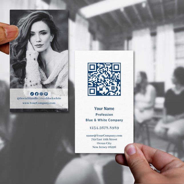 Elegant Blue & White Portrait Business Card (Elegant Blue & White Portrait Business Card with QR code and Photo)