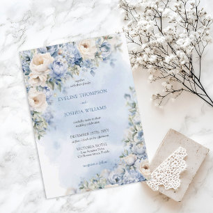 Elegant blue & white roses eucalyptus gold wedding invitation