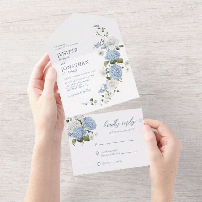 Elegant Blue White Roses Floral All In One All In Invitation (Tearaway)