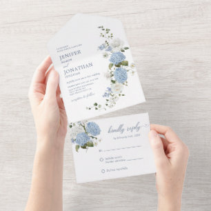 Elegant Blue White Roses Floral All In One All In Invitation